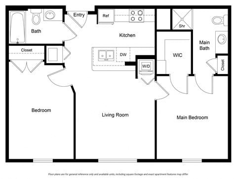 Floor plan for 2 beds, 2 baths, 824 sqft